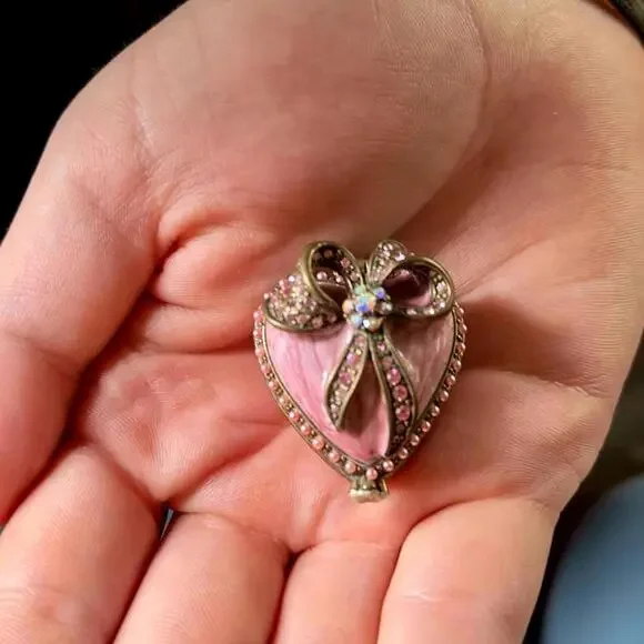 💖Luxury Pink Enamel Heart Trinket Box w/ Rhinestone Bow & Pearls Fabergé Style - Picture 8 of 8